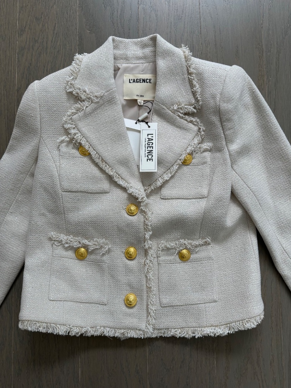 L'Agence Sylvia Collard Jacket Tweed Blazer Ivory Gold Fringe With Tags - Size 0 - Picture 5 of 9